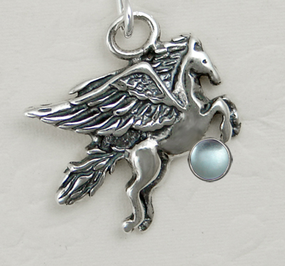 Sterling Silver Little Winged Horse Pegasus Pendant With Blue Topaz